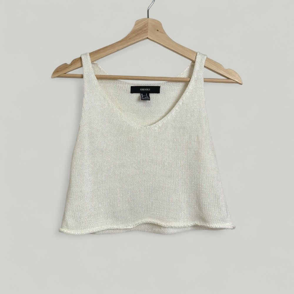 FOREVER21 Top Women Size Small Cream Crochet Sleeveless Vneck Knitted Boho Beach - Picture 5 of 10